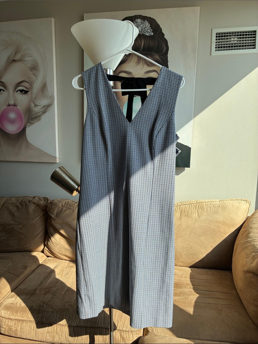 Sleeveless V-Neck Checked Jumpsuit Dress - Blue/Gray